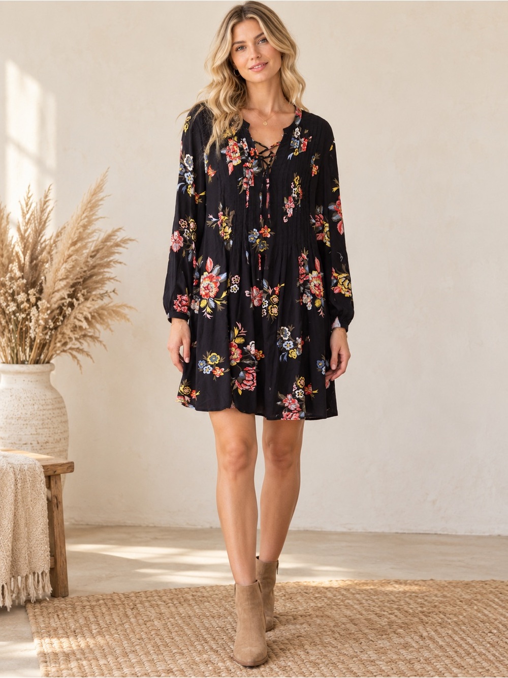 Old Navy Black Floral Lace-Up Mini Dress